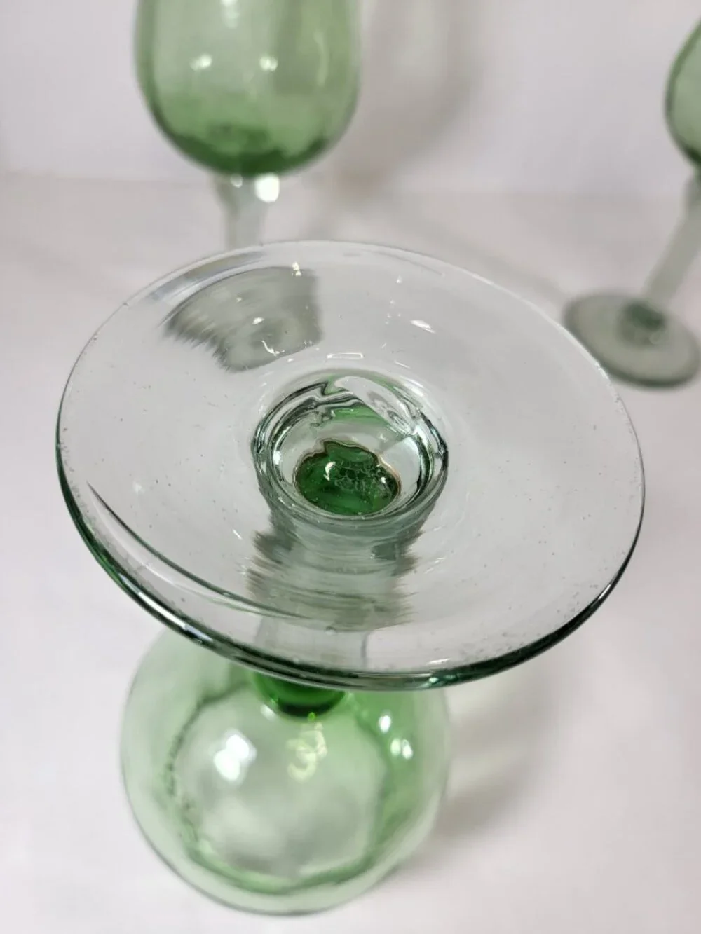Vintage Hand‎ Blown Green Glass Goblets, Set of 3 Bubble Glass Wine Glasses